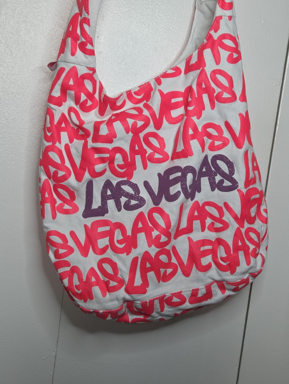 Robin Ruth "Las Vegas" White Shoulder Hobo Bag with Pink Purple Graffiti Letters
